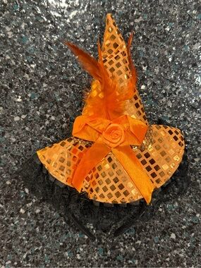 Orange Sequin Witch Mini Hat Headband w/ Bow & Feathers, One Size, Halloween